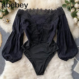 Hollow Women Rompers Puff Sleeve Slash Neck Sexy Slim Jumpsuits Autumn Korean Off Shoulder Short Bodysuit