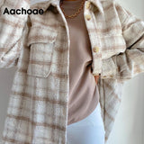 Aachoae Women Plaid Single Breasted Jacket Coats Fashion Turn Down Collar Pockets Coat Female Streetwear Long Sleeve Spring