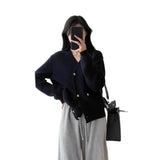 Toloer And Winter French Retro Black V-Neck Sweater Girl Languid Retro Knitted Jacket