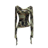Shooting Strapped With Hollow Retro Print Long-Sleeved Mesh T-Shirt Ribbon Design Spring And Summer Top