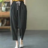 2023 Summer Casual Cotton Linen Pants Women Retro Pockets Loose Harem Pants Woman Solid Elastic Waist Trousers