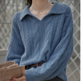 Collar French Retro Twist Sweater Female Autumn Winter 2023 New Loose Wear Lazy Wind Show Thin Sweater-Outfit