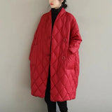 2021 New Women's Oversized Literary Stand Up Collar Solid Color Press Line Grid Medium Long White Duck Down Jacket For