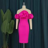 Three-Dimensional Rose Bubble Sleeve One-Word Shoulder Bag Banquet Evening Dress Dress Dress