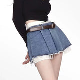 Patchwork No Belt Denim Skirts Y2K Summer High Waist Streetwear Irregular Mini Skirts Female Korean Tassels Jean Skirts-Outfit