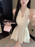 Sweet Elegant Mini Dresses Women Sleeveless Off Shoulder V Neck Slim Patchwork Backless Sexy Mini Dress Ladies Party-Outfit