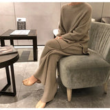 2022 Autumn Winter 2 Pieces Women Sets Knitted Tracksuit O-Neck Split Sweater and Wide Leg Jogging Pants Pullover