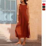 Spring And Summer New Casual Fashion Sleeveless Rounded Collar Solid Color Splicing Lace Fork In The Long Dress