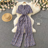 Beach Rompers Female Short Sleeve V Neck Elastic Ruched Loose Casual Bohemian Print Jumpsuits Summer