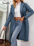 Simplee Vintage za lace up lapel puffer jacket women winter Office lady rhombus pattern straight parka Fashion long quilted