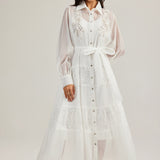 2025 New French Court Style Single Buckle Heavy Industry Splicing Lace Long-Sleeved Dress With