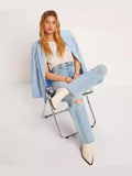 Direct Fashion Women High Waist Casual Straight Tube Hole Loose Nine Minutes Jeans Wish-Outfit