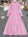 New Spring Fashion All-match O-neck long sleeve Dress high waist slim hollow out lace solid