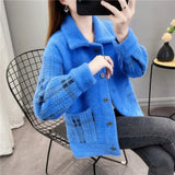 Mink Cashmere Plaid Sweater Cardigan Women Korean Fashion Single Breasted Knitted Coat Autumn Vintage Short Sweater