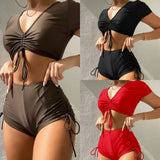 2022 New Split-Skinned Draw-Folding Rope Solid-Color Swimsuit