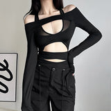 Toloer 2024 New Women's Fashion Sexy Mesh Stitching Long Sleeve Hollow Out Slim Crop Jumpsuit-Outfit