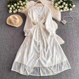 French Wind And Breeze Floral Dress Women's Autumn Mesh Embroidered Lantern Cuff Strap Design Chic Super Fairy