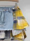 Women's Denim Skirt Colored Plaid Patchwork Irregular Deconstructed A-line High Waist Mini Skirt 2024 Summer New Fashion-Outfit