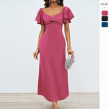 New Women's Temperament Solid Color Peach Heart Temperament Short-Sleeved Long Dress Dress