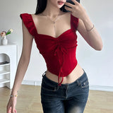 Girls With Flying Sleeves Slim And Show Thin Square Collar T-Shirt Women's Draped Rope Pleated Tie Bow Irregularly Knitted Blouse-Outfit
