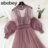 New Women Fashion Dress Stand Collar Lantern Sleeve Mesh Dress See-through Lace Embroidery Fairy Dress Femme Vestidos