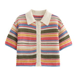 Autumn New Striped Printed Short Sleeve Clip Sleeve Casual Shorts Striped Knitted Sling