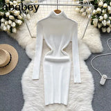 Sheath Women Dress Fashion Turtleneck Long Sleeve A Line Bodycon Dress Female Solid Streetwear Knitted