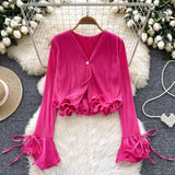 Shirt Women Spring And Autumn New Three-Dimensional Lotus Edge V Collar Folded Horns Short Top