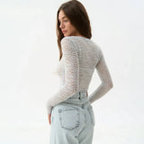 Autumn And Winter Women's New Fashion Round Neck Sexy Perspective Long Sleeves Bottoming Shirt