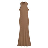 Trendy Women's Dress Is Full Of Style, Elastic, Slim, Half-High Collar, Sleeveless Vest, Long Skirt, Buttocks, Fishtail Dress-Outfit