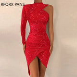 Women Glitter Glamorous One Shoulder Asymmetrical High Silt Bodycon Midi Sexy Formal Party Red Dress-Outfit
