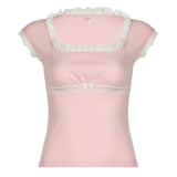 Sweet Lace Lace Stitching Square Collar Slim, Striking Color Short-Sleeved T-Shirt, Girl's Knitted Blouse-Outfit