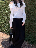 First Sight, Love The White Flower Breath Collar Shoulder Shirt Niche Gentle And Comfortable Blouse Women Spring Autumn Long-Sleeved