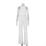 Toloer Hanging Neck Sexy Hot Girl Sleeveless Vest White Pleated High Waist Wide Leg Pants Suit Woman-Outfit