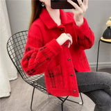 Mink Cashmere Plaid Sweater Cardigan Women Korean Fashion Single Breasted Knitted Coat Autumn Vintage Short Sweater