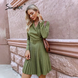 Simplee Elegant v-neck A-line pleated midi dress women green Office long sleeve belt blazer dresses Casual female vestidos
