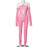 Women's 2025 Autumn And Winter 2025 New Woolen Sleeve Hanging Neck Tie Hollow Jumpsuit Pile
