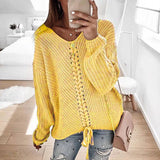 Toloer New Women Long Sleeves Loose V Neck Rope Exposed Back Jumper Knit Sweater Women's