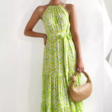 Summer New High-Waisted Beach Print Hanging Neck Dress