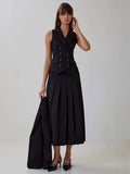 Buttoned Vest And Pleated Midi Skirt Two Piece Set-Outfit