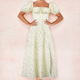 Toloer Women's New Floral Square Collar Sexy Slit Big Swing Autumn And Winter Dress