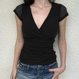 Solid Color Deep Cross V-Neck Short Sleeve Tee-Outfit