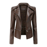 2021 Women Autumn zipper Soft Leather Jacket Coat Turn-down Collar Casual Pu Motorcycle Black Punk