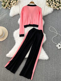 Winter Women Knitted Two Piece Sets Long Sleeve Knit Cardigan Sweater & Elastic Waist Wide Leg Pants Female Sweater
