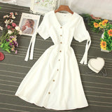 Single Breasted Women Vintage Dress Summer Short Puff Sleeve A-line Vestidos Casual Sexy V-neck Purple/White Dresses