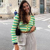 2022 Cardigan Top Women Autumn French Fashion Stripe Patchwork V-neck Hollow Knit Sweater Female Single-Breasted Short