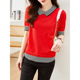 Toloer Photo Doll Collar Jacket Female Summer Ice Silk Short-Sleeve T-Shirt False Two Striped Knit Half Sleeve Small Shirt-Outfit