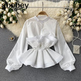 Women Design 3D Flounced edge Blouse Sweet Puff Sleeve O Neck Solid Casual Tops Summer Fashion Streetwear Short Blouses