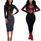 Toloer Elastic Tight Perspective Ultra Thin Sexy Mesh Bottom Shirt Transparent Long Sleeved T-Shirt Woman-Outfit