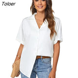 Summer Blue Loose Blouse Women Casual Button Short Sleeve White Shirt Women Notched Office Lady Solid Blouses Tops